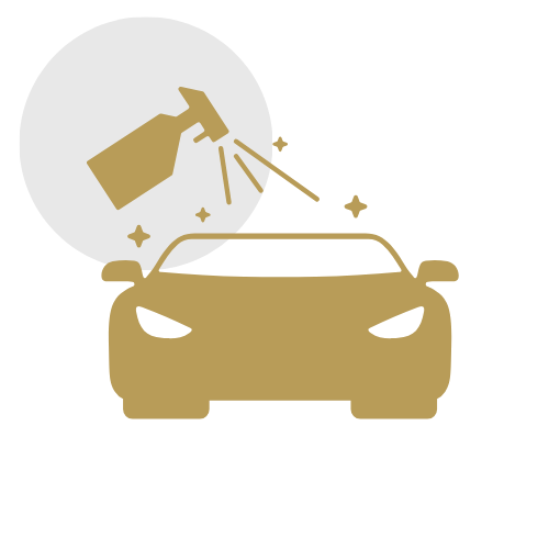 A gold-colored icon of a spray bottle disinfecting a sports car.