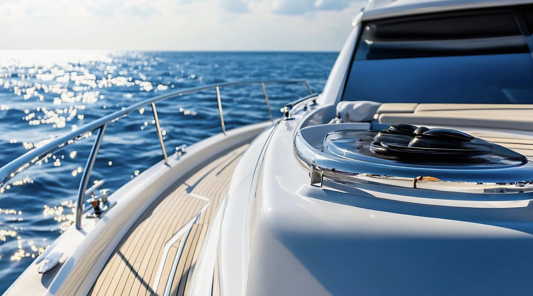 Close-up of the bow of a luxury yacht sailing in the ocean during daylight with blue water and sky in the background. - Marine Ceramic Coating.