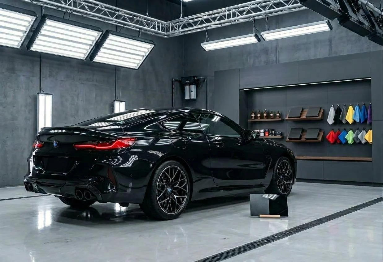 A black sports car parked in a modern, well-lit garage with a gray concrete wall and displays of paint samples and tools on the wall.