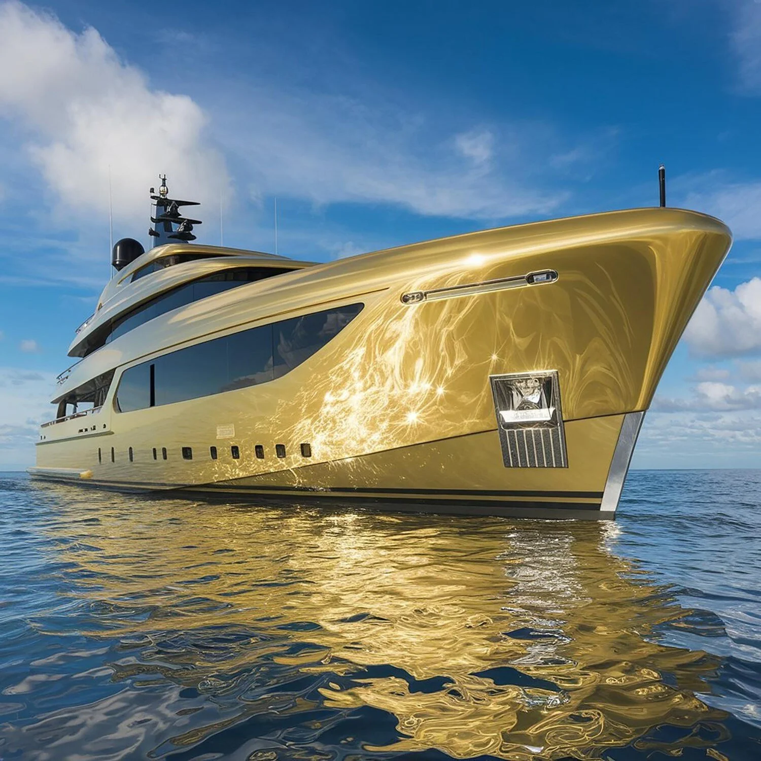 A luxurious gold yacht floating on the water under a blue sky with clouds. - Boat Polishing Cleveland