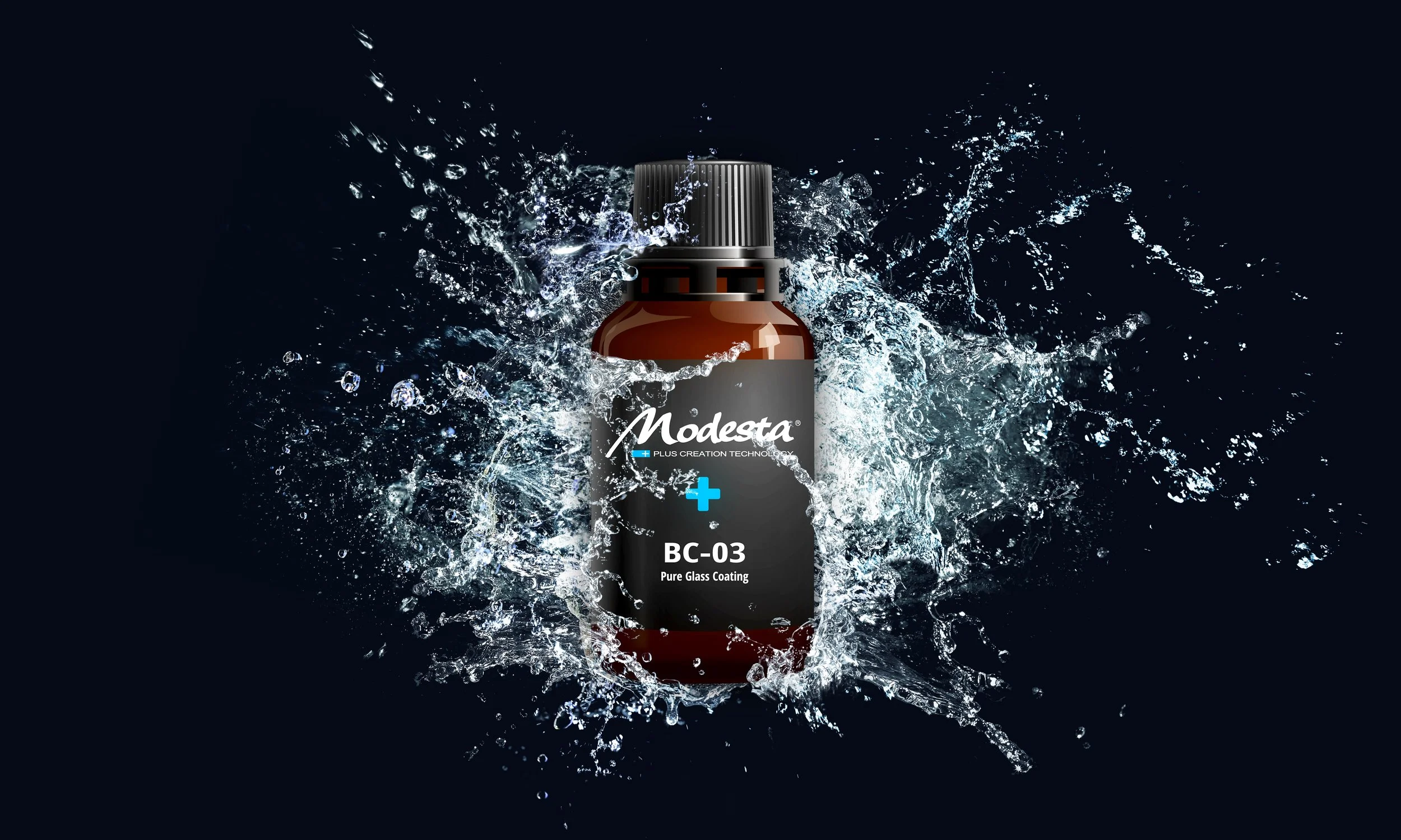 A bottle of Modesta BC-03 Pure Glass Coating surrounded by splashing water.
