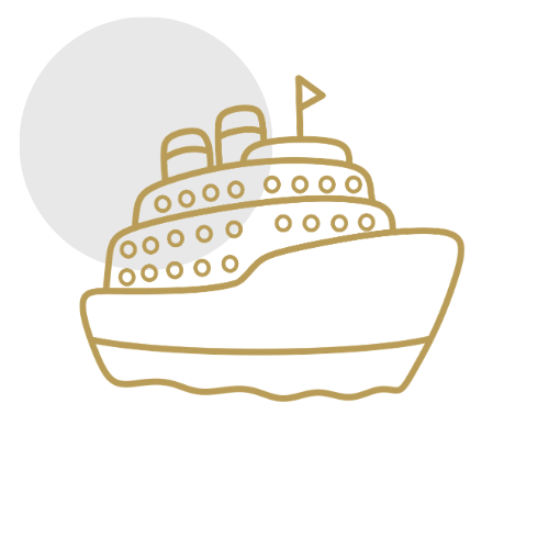 Line drawing of a cruise ship with a flag on top.