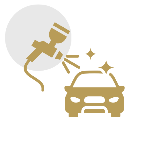 Icon of a spray gun spraying a car with sparkles around it on a black background.
