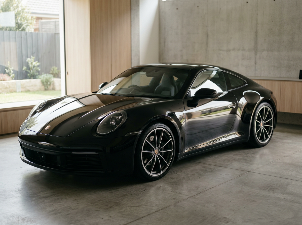 Black Porsche sports car parked inside a modern indoor garage with concrete and wood interior.