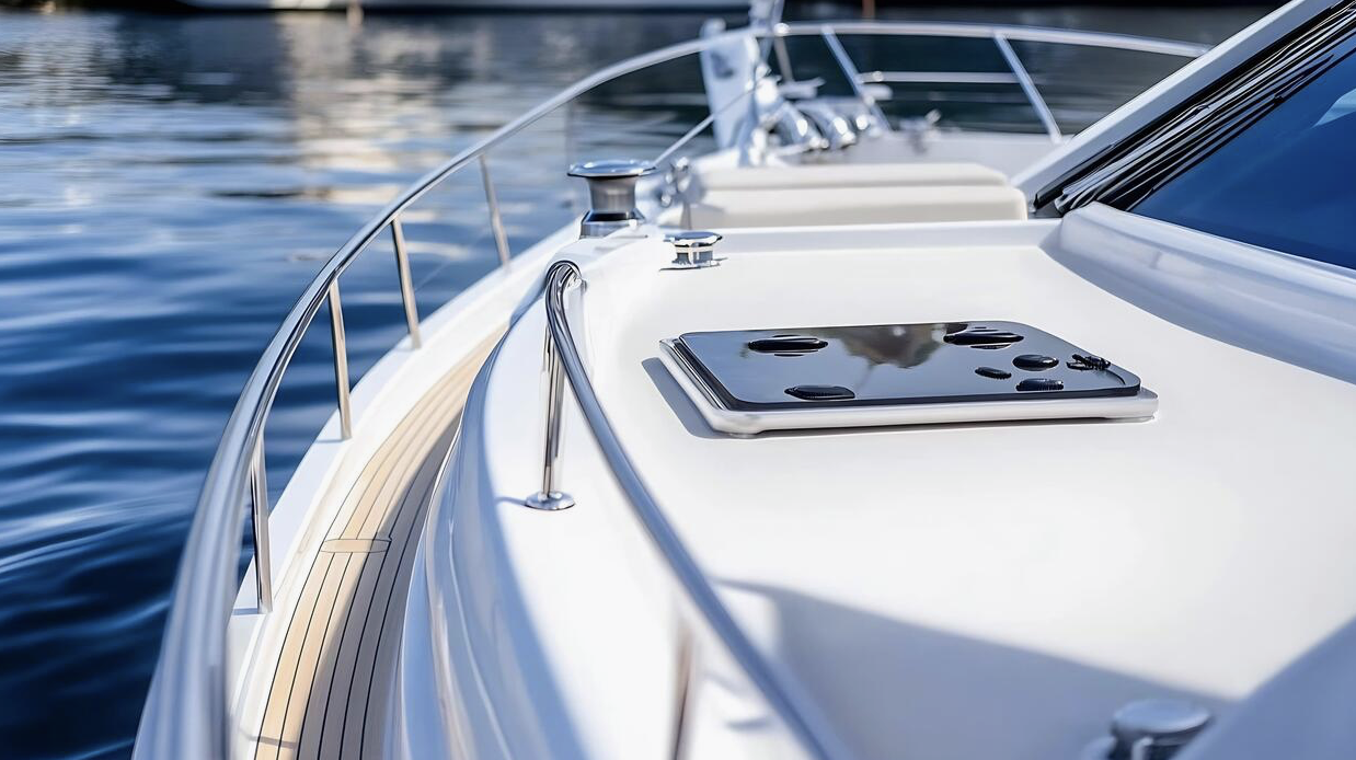 Close-up of a luxury white yacht's deck with a black hatch and stainless steel railing, anchored on calm water.