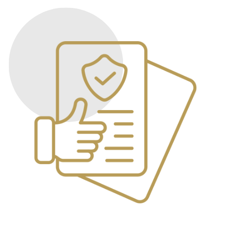 Icon of a mobile device showing a shield with a checkmark, a thumbs-up gesture, and lines of text, representing security or approval.