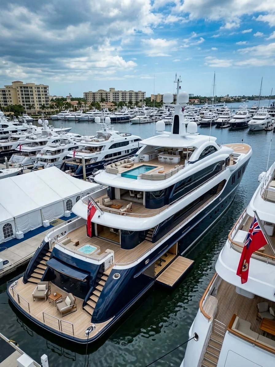 Large luxury yacht docked at marina with numerous smaller boats around, modern buildings in background, partly cloudy sky.