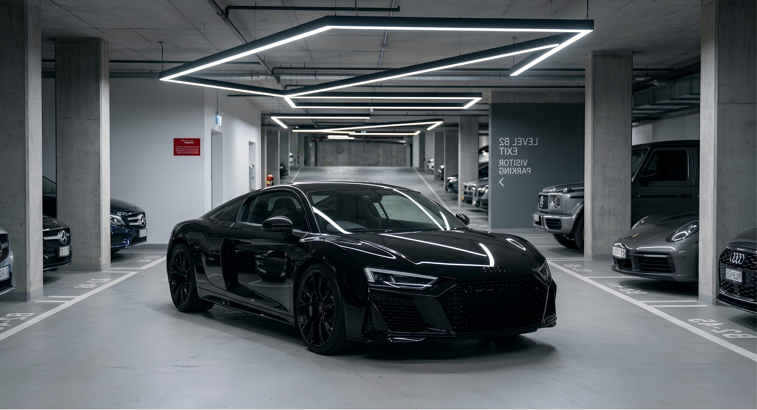 A black sports car with a sleek design is parked in an underground parking garage. Other cars, including a Mercedes-Benz and an Audi, are parked along the sides. The parking lot features modern geometric lighting fixtures on the ceiling, and a sign indicating the exit, visitor parking, and parking directions.