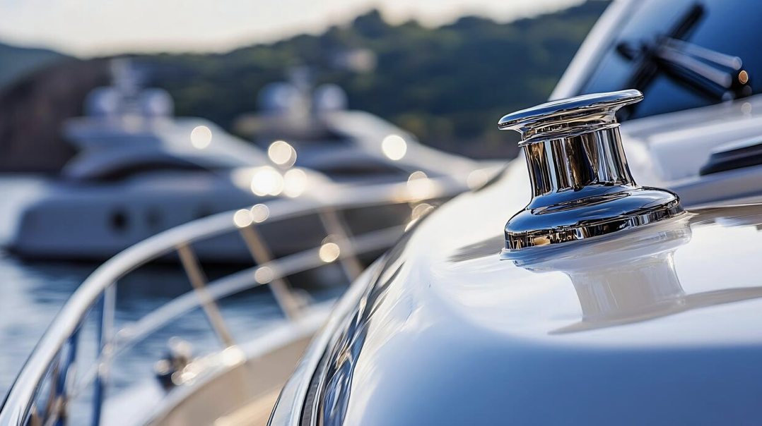 Close-up of a shiny boat cleat on a yacht with more boats in the background.