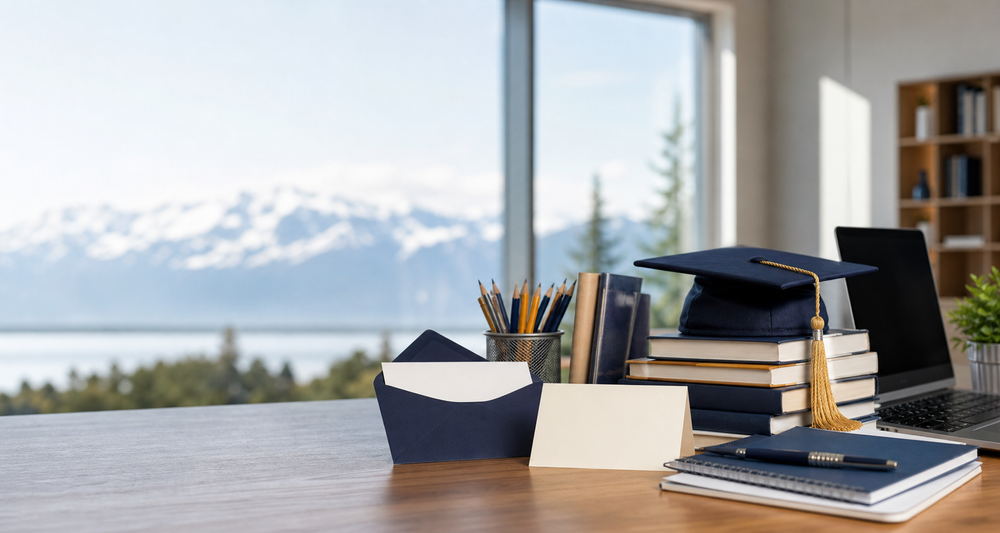 Scholarship and education materials arranged on a table with an Alaska mountain view
