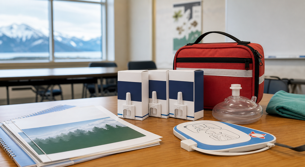 First aid supplies, naloxone boxes, CPR mask, and AED training equipment arranged in a community training room
