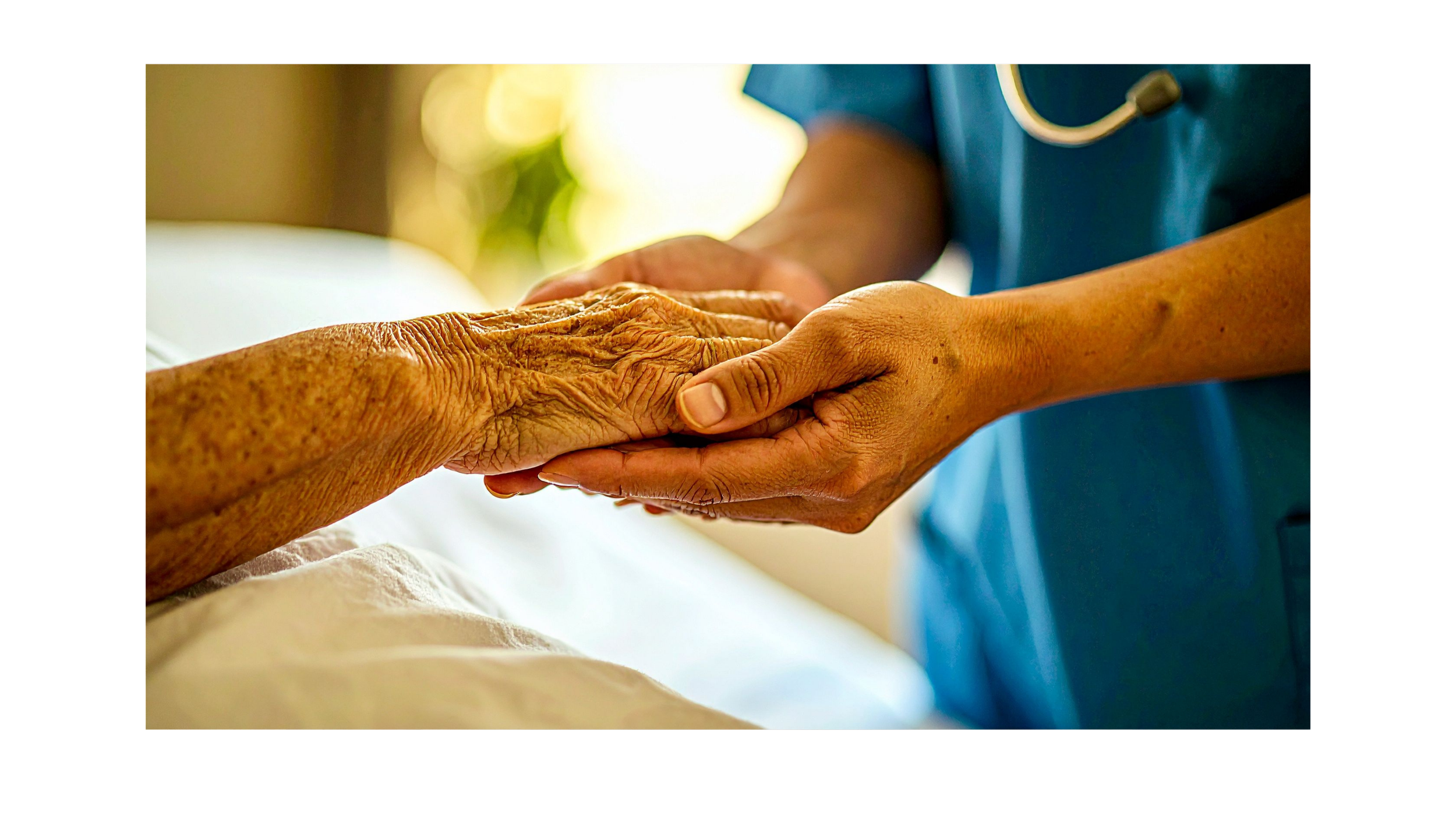 A healthcare worker in blue scrubs holding the hand of an elderly person.
