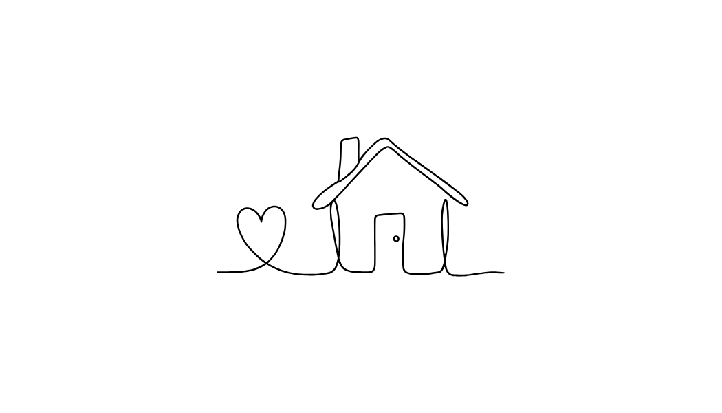A simple line drawing of a house with a chimney, next to a heart shape.