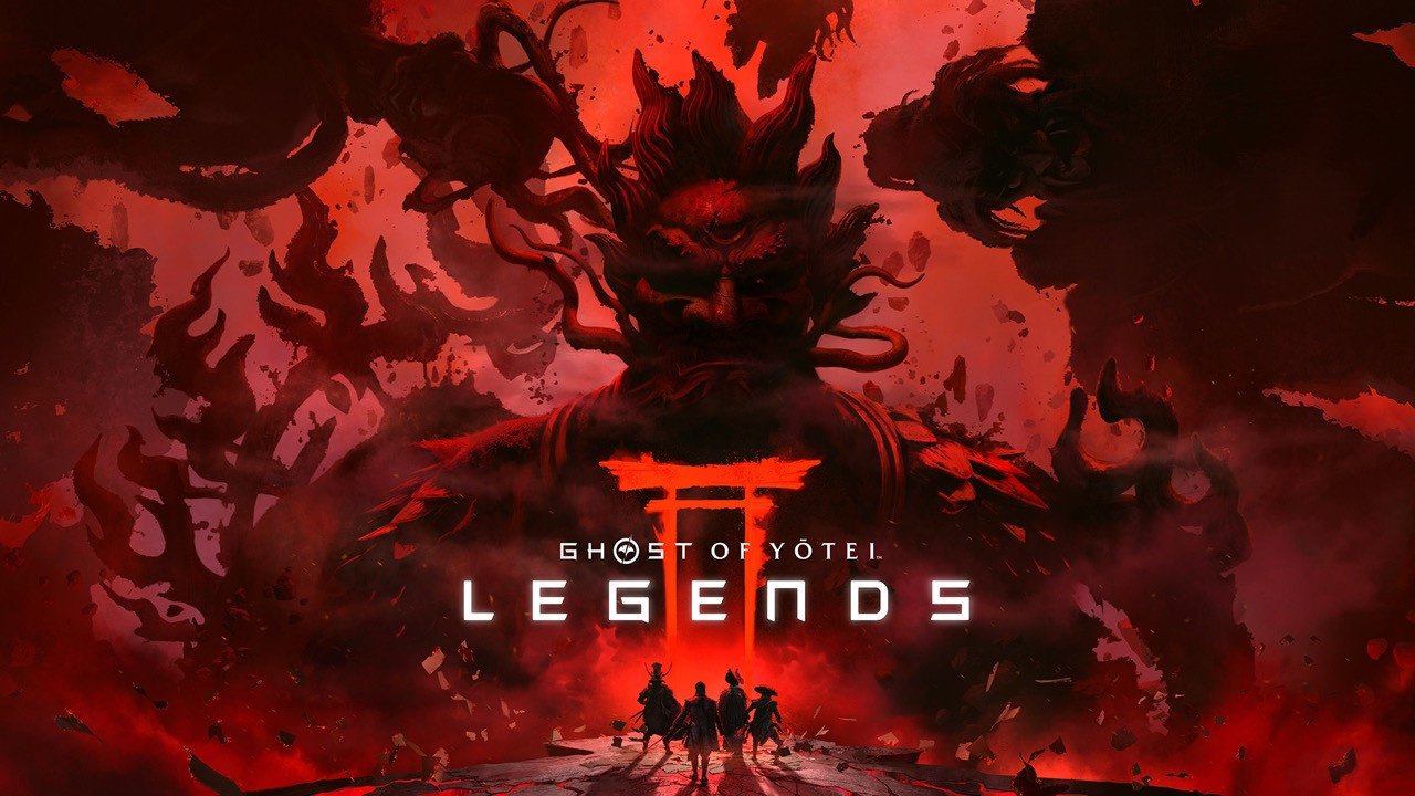Dark and fiery artwork for the game 'Ghost of Tsushima Legends,' featuring a menacing, monstrous figure with a face and horns, shrouded in smoke and flames, with four smaller figures walking toward it.