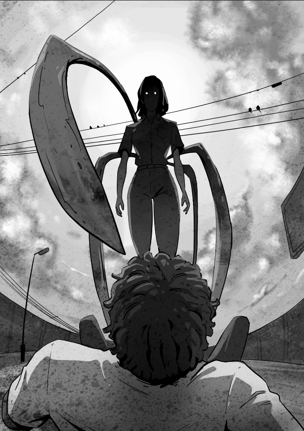 Black-and-white illustration of a woman with glowing eyes and spider-like limbs standing over a person lying scared on the ground.