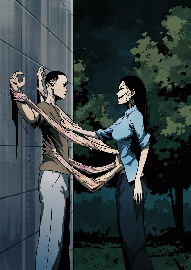a woman pins man to a wall with her spider arms, primal desire, eadi q blagit