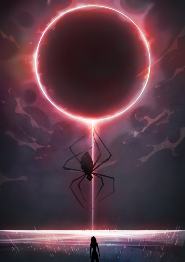 A person stands on the ground, watching a large glowing red eclipse in the sky as a giant spider silhouette is hanging from the eclipse, with stormy clouds in the background.