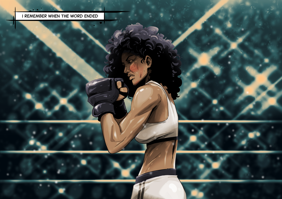 A bruised female boxer with curly hair raises her gloved fists in a boxing ring, wearing a sports bra and shorts beneath the words, “I remember when the world ended.”