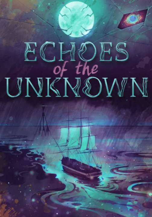 Stylized cover of Echoes of the Unknown by Eadi Q. Blagit, featuring a ship sailing across glowing blue and purple waters beneath a moonlit sky.