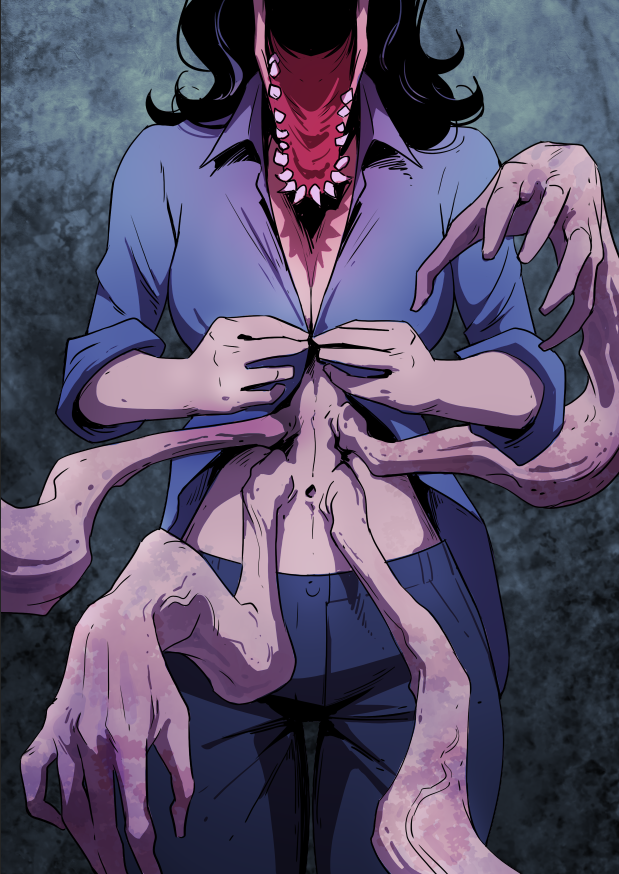A woman unbuttons her blue shirt as tentacle-like limbs emerge from her abdomen and a monstrous mouth with sharp teeth opens where her face should be.