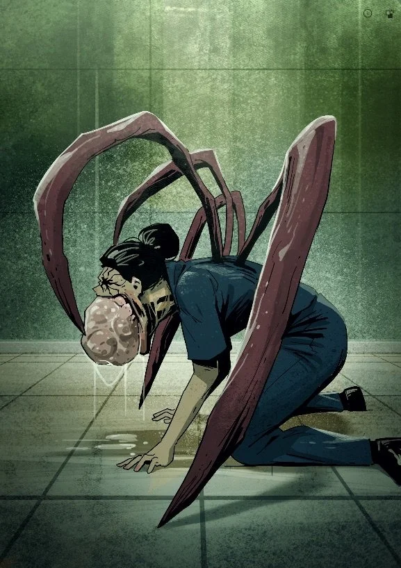 A woman transformed into a spider-like creature crawls across a tiled floor while vomiting a sac of creatures from her mouth against a green background.