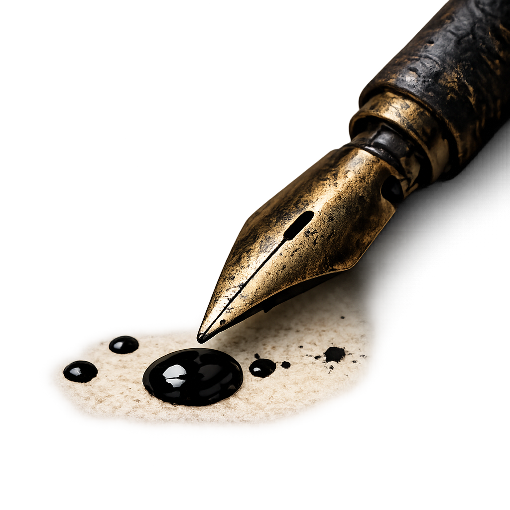 A vintage pen nib with black ink drops on parchment paper.