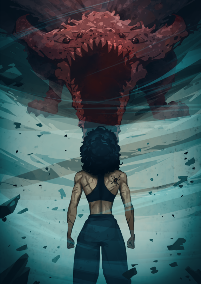A woman stands with her back to the viewer, defiantly facing a menacing creature emerging from the water, with its mouth wide open and teeth exposed, creating a dramatic and intense scene.