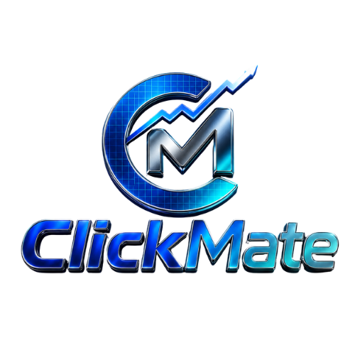 Logo for ClickMate featuring a stylized letter 'C' and 'M' with upward trending graph line, in blue and silver colors on a black background.