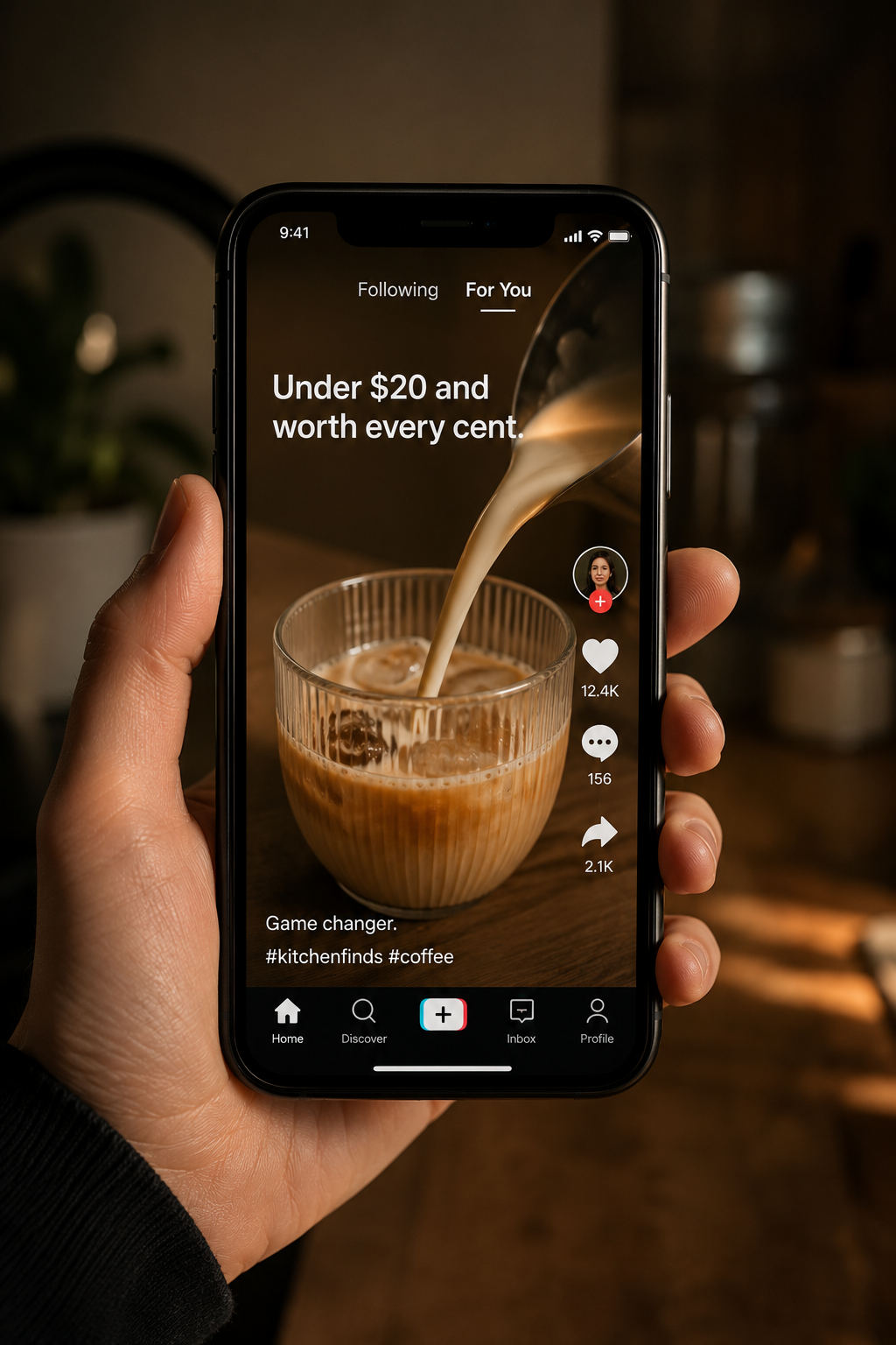 A person holding a smartphone showing a TikTok video of a glass of iced coffee being poured.