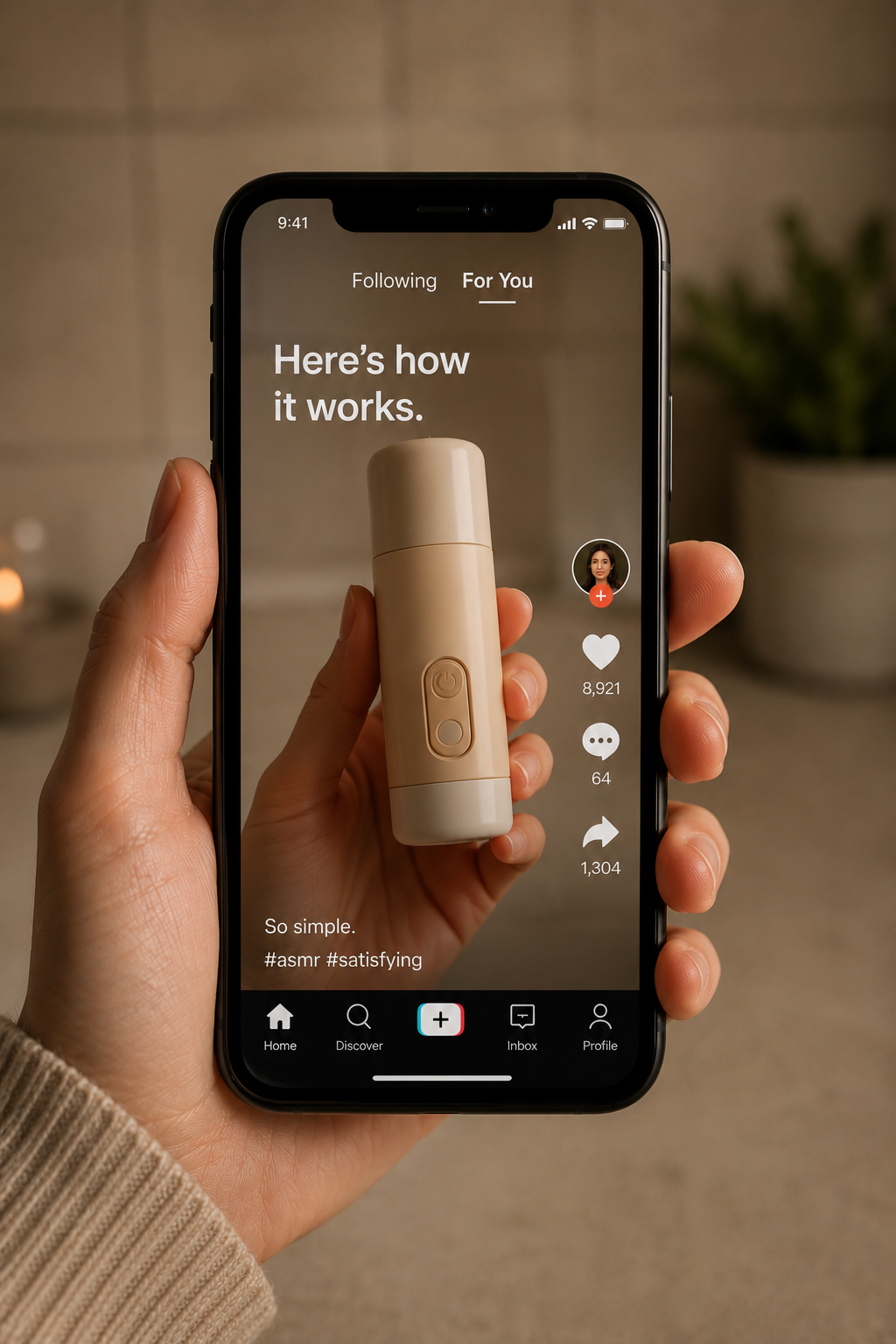 A person holding a smartphone displaying a TikTok video. The video shows a beige, portable skincare device with a power button and control button, and a text overlay that reads, "Here's how it works." The video has 8,921 likes, 64 comments, and 1,304 shares.