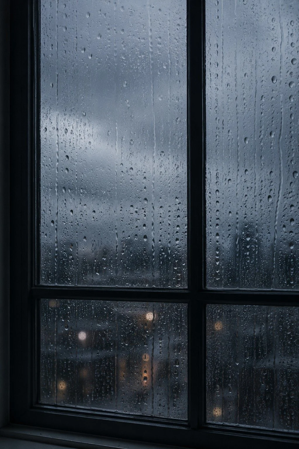 Rain-streaked window with blurred city lights in the background on a cloudy day.