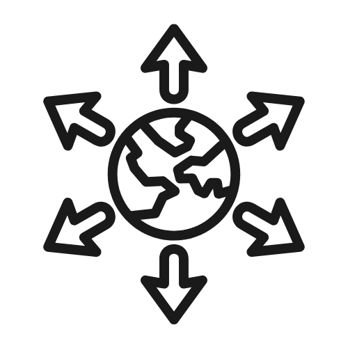 Icon of the Earth with arrows pointing outward in all directions.