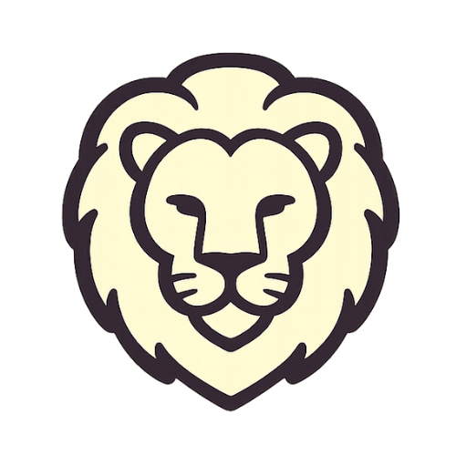 Drawn illustration of a lion's face and mane with bold outlines.