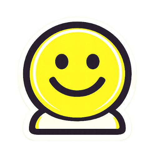 Smiling yellow emoji face with black eyes and mouth, white background.