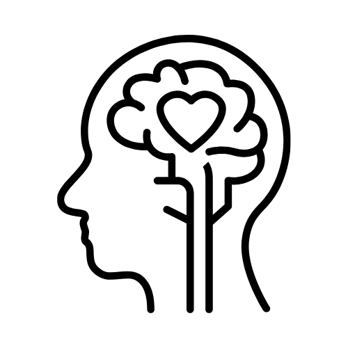 Outline of a human head with a brain inside, featuring a heart at the center of the brain.