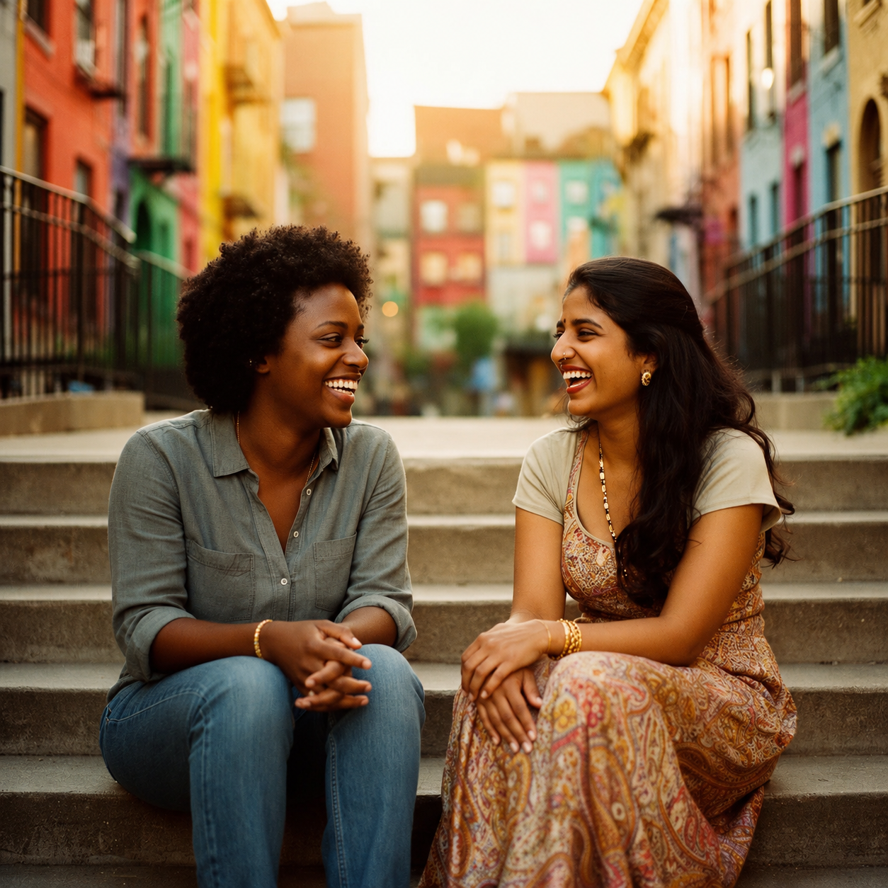 Two women sitting on steps outdoors, smiling and talking, with colorful buildings in the background.