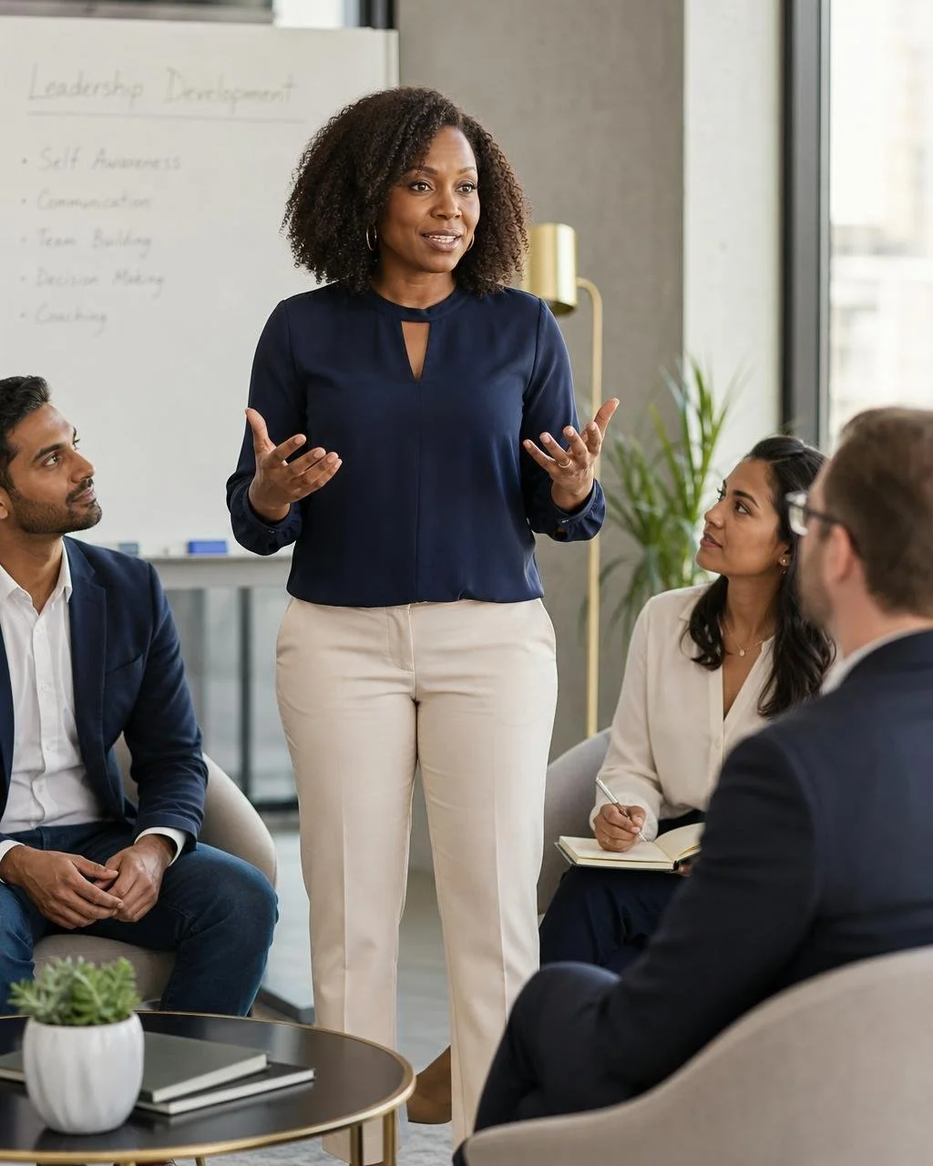 A diverse group of professionals engaged in a discussion in a modern office conference room. A woman stands while speaking, with a whiteboard behind her listing leadership development topics.