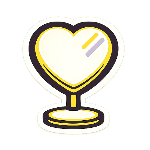 A drawing of a trophy with a heart shape in the center. The trophy is outlined in black, with yellow and white details, and is placed on a yellow background.