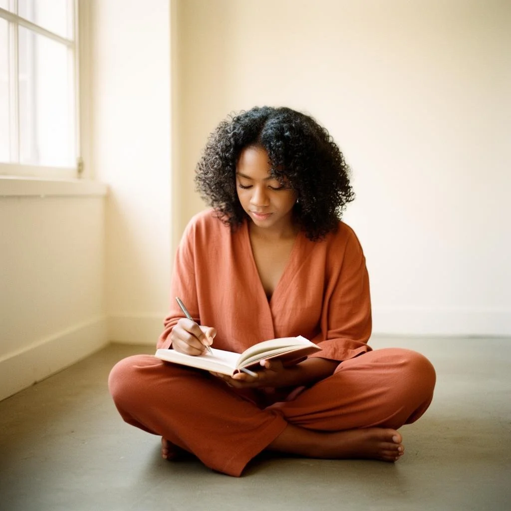 A young woman with curly hair sitting cross-legged on the floor near a window, writing in a notebook.