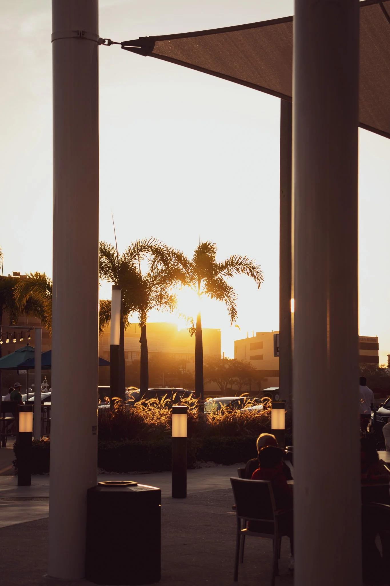 People sitting at outdoor tables at sunset, with palm trees and a parking lot in the background, and large white pillars in the foreground.