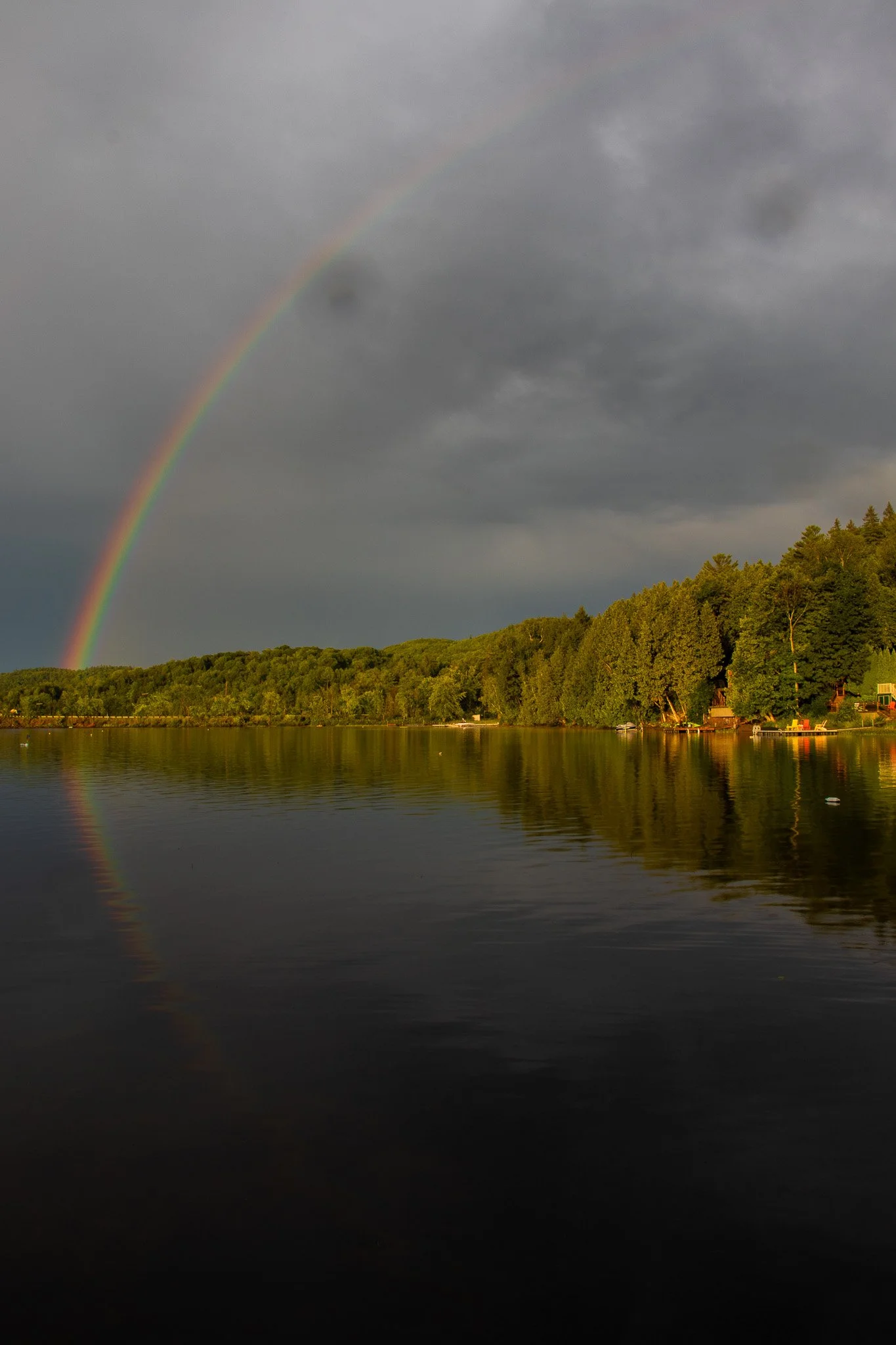 A rainbow across a cloudy sky above a lake with green trees and houses along the shore.