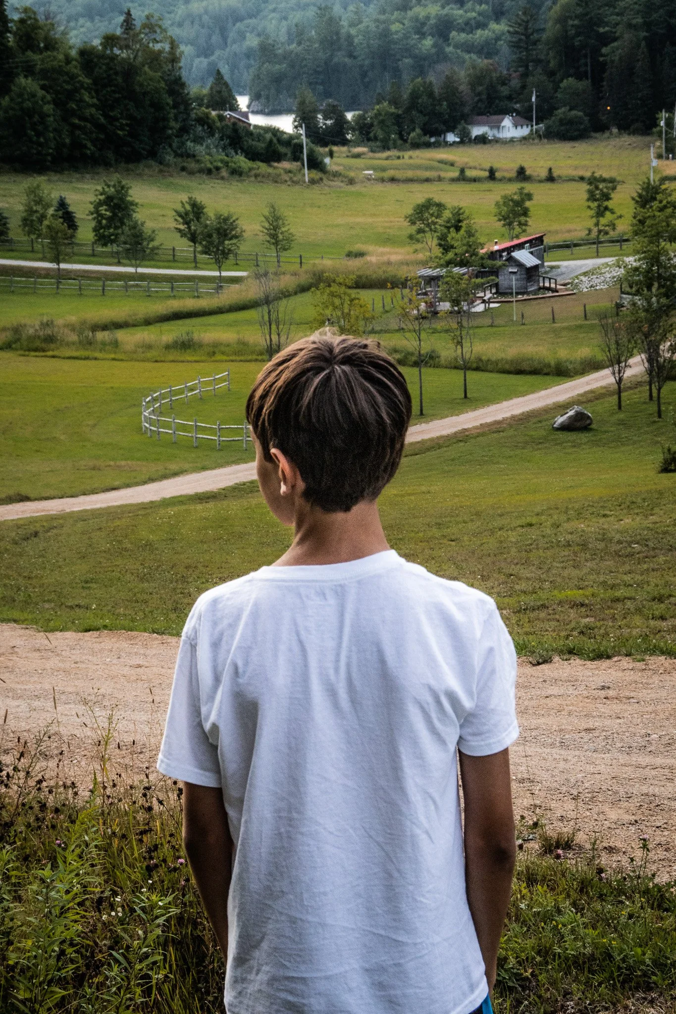 A person with short brown hair wearing a white shirt standing on a dirt path in a green, rural landscape with trees, grass, a wooden fence, a small building, and hills in the background.
