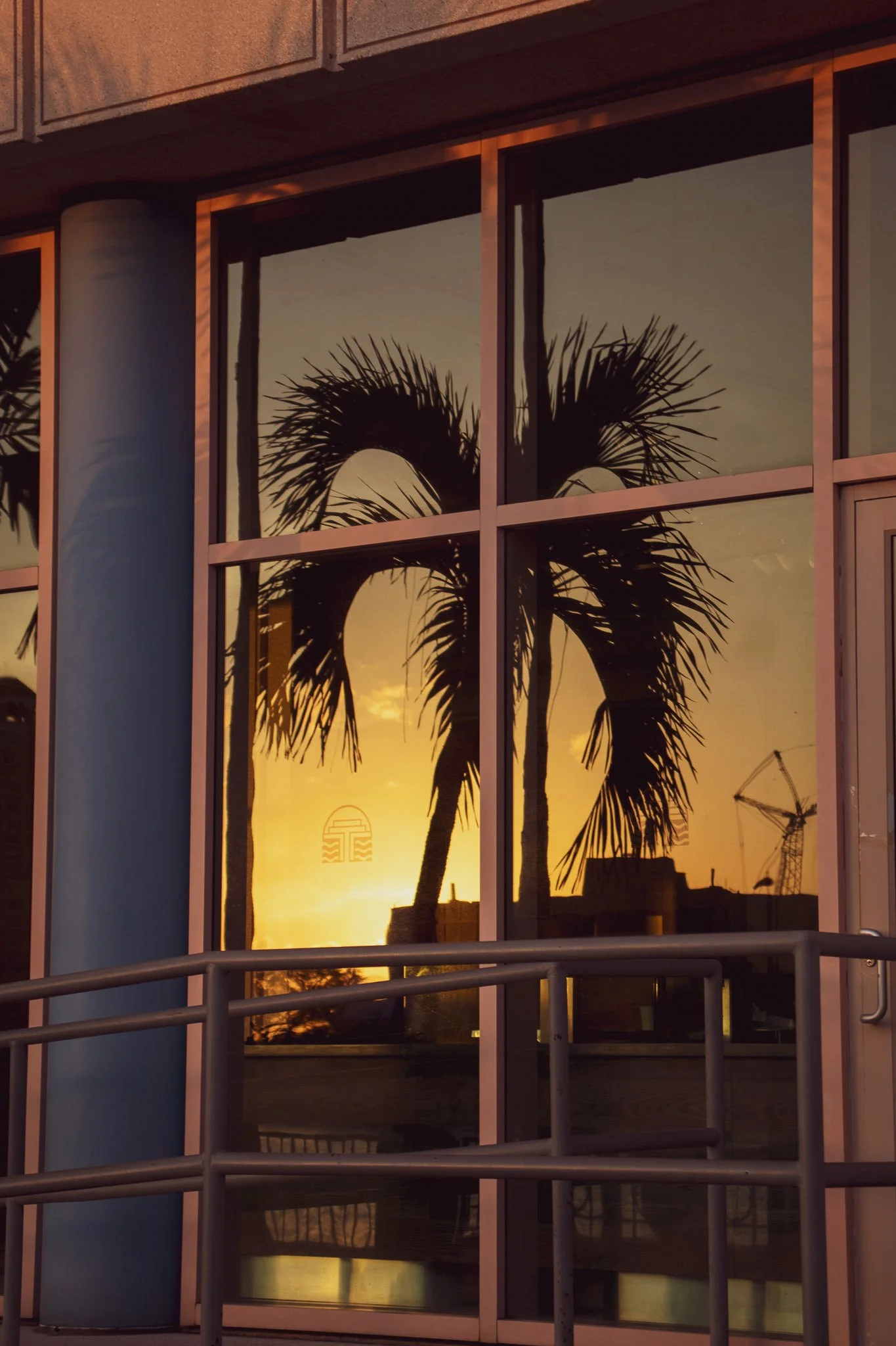 Sunset or sunrise view taken through the glass windows of a building, showing the silhouettes of palm trees and construction cranes outside.