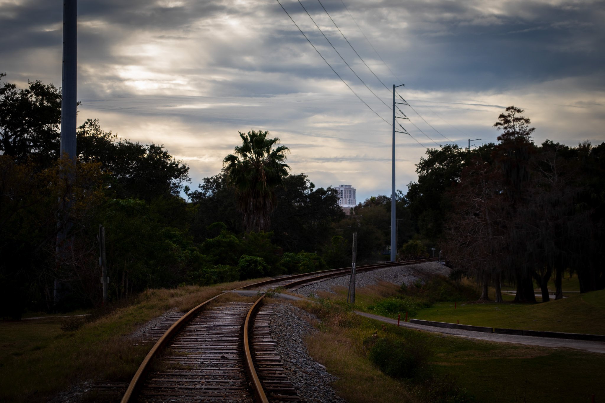 A curved railway track runs through a lush area with trees and bushes on either side. Power lines and poles are visible along the track. In the background, a tall building is visible beneath a cloudy sky, giving an overcast atmosphere.