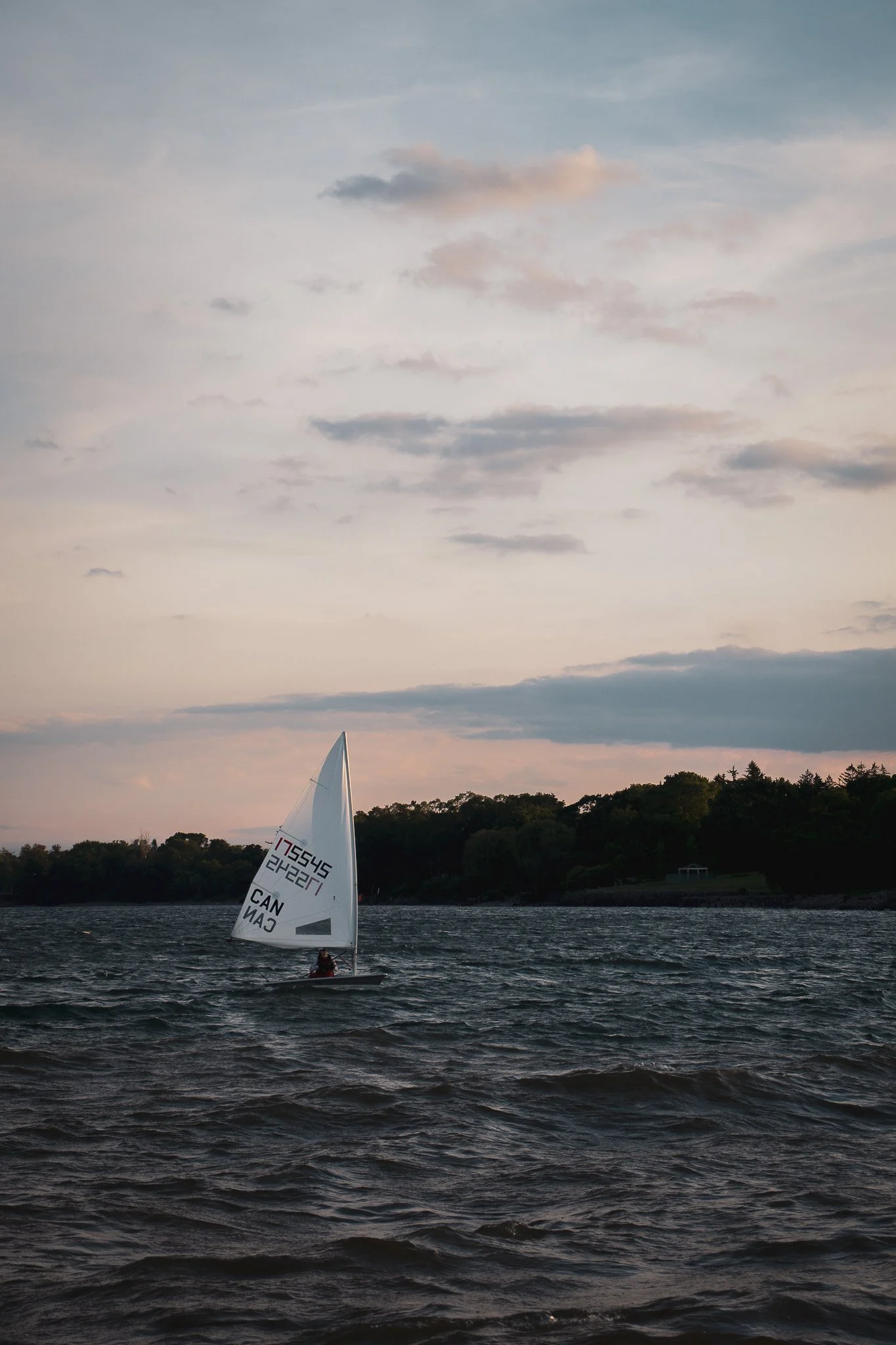 A person sailing a small sailboat with white sails on a body of water, with a forested shoreline and a cloudy sky in the background, during sunset.