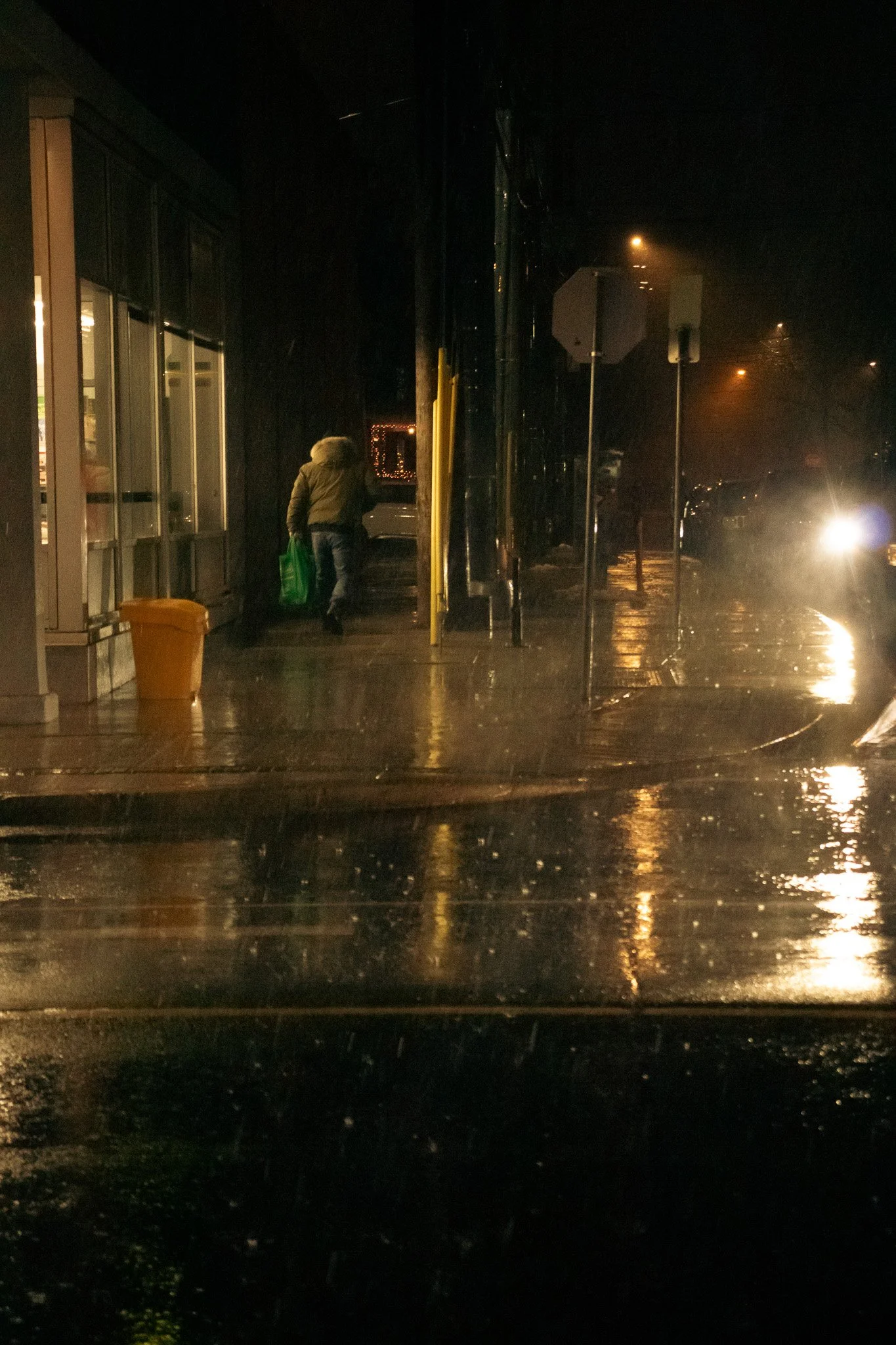 A person wearing a coat and holding a green shopping bag walking along a sidewalk at night, with streetlights and a building with illuminated windows in the background, and reflections on wet pavement.