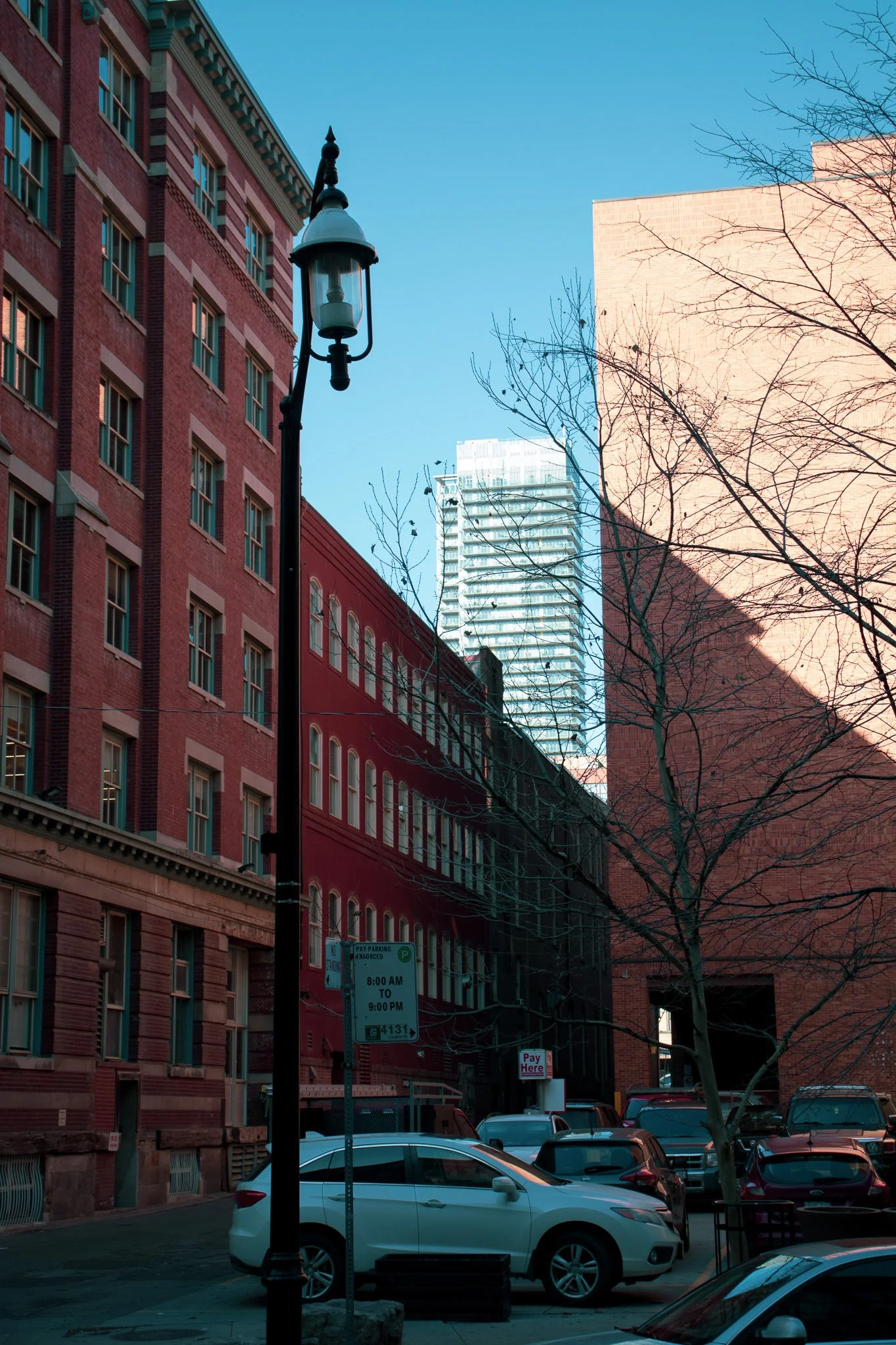 An urban street scene with brick buildings, parked cars, a lantern streetlight, leafless trees, and a tall modern building in the background against a clear blue sky.