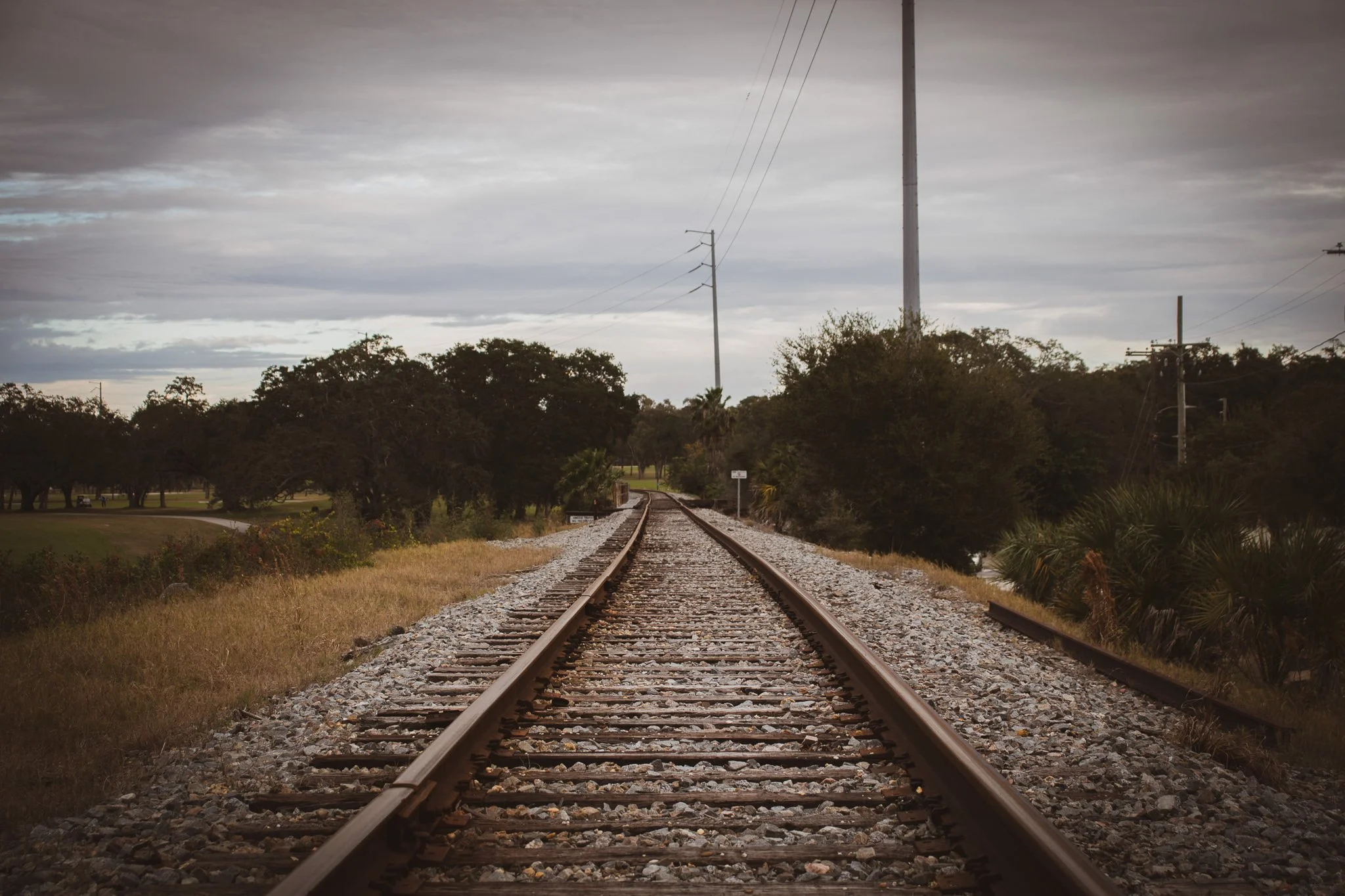 A straight railway track extending into the distance with trees on both sides, utility poles alongside, under a cloudy sky.