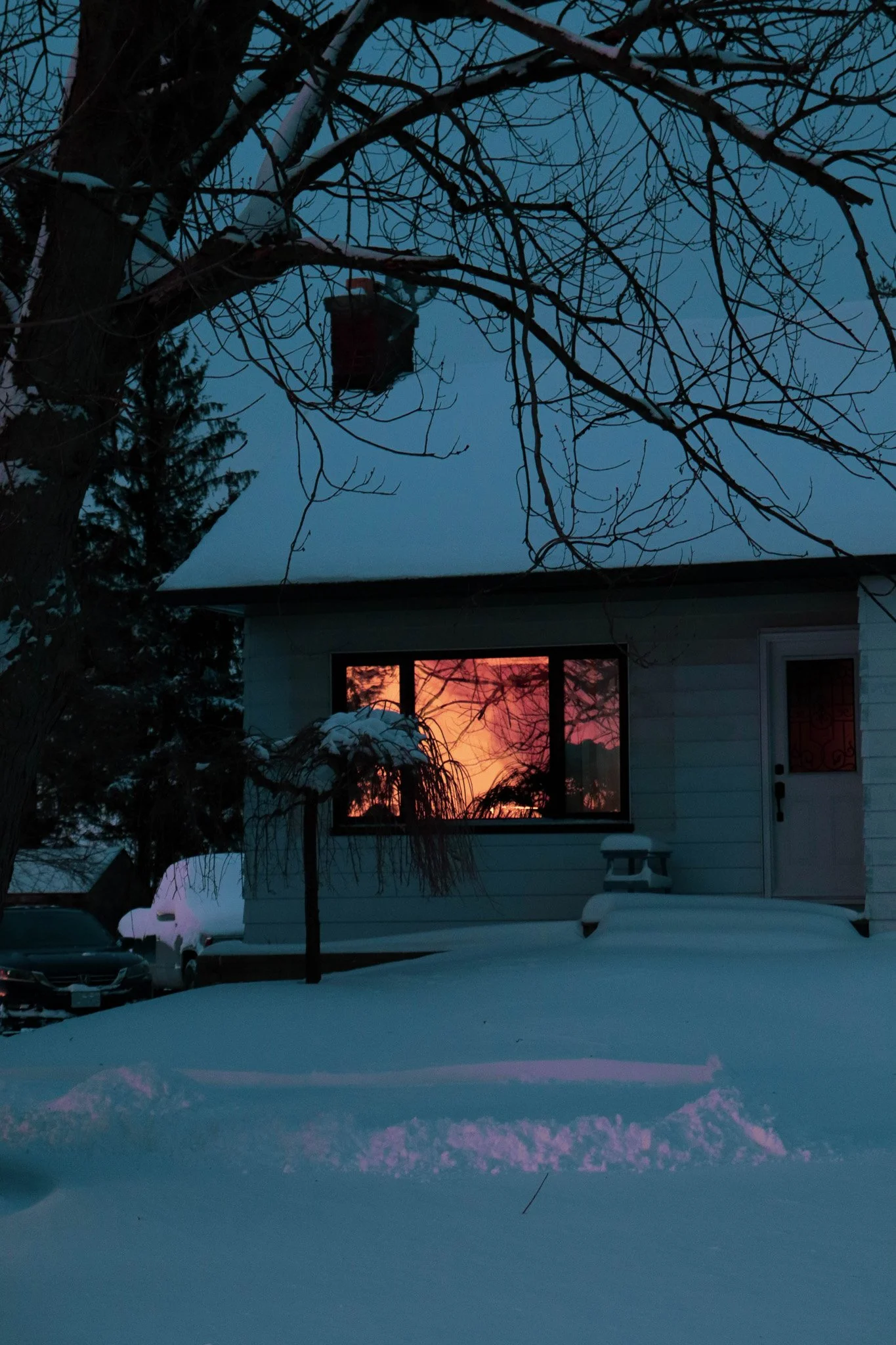 A house with lit windows reflecting a sunset or sunrise in the snow-covered yard and trees without leaves.