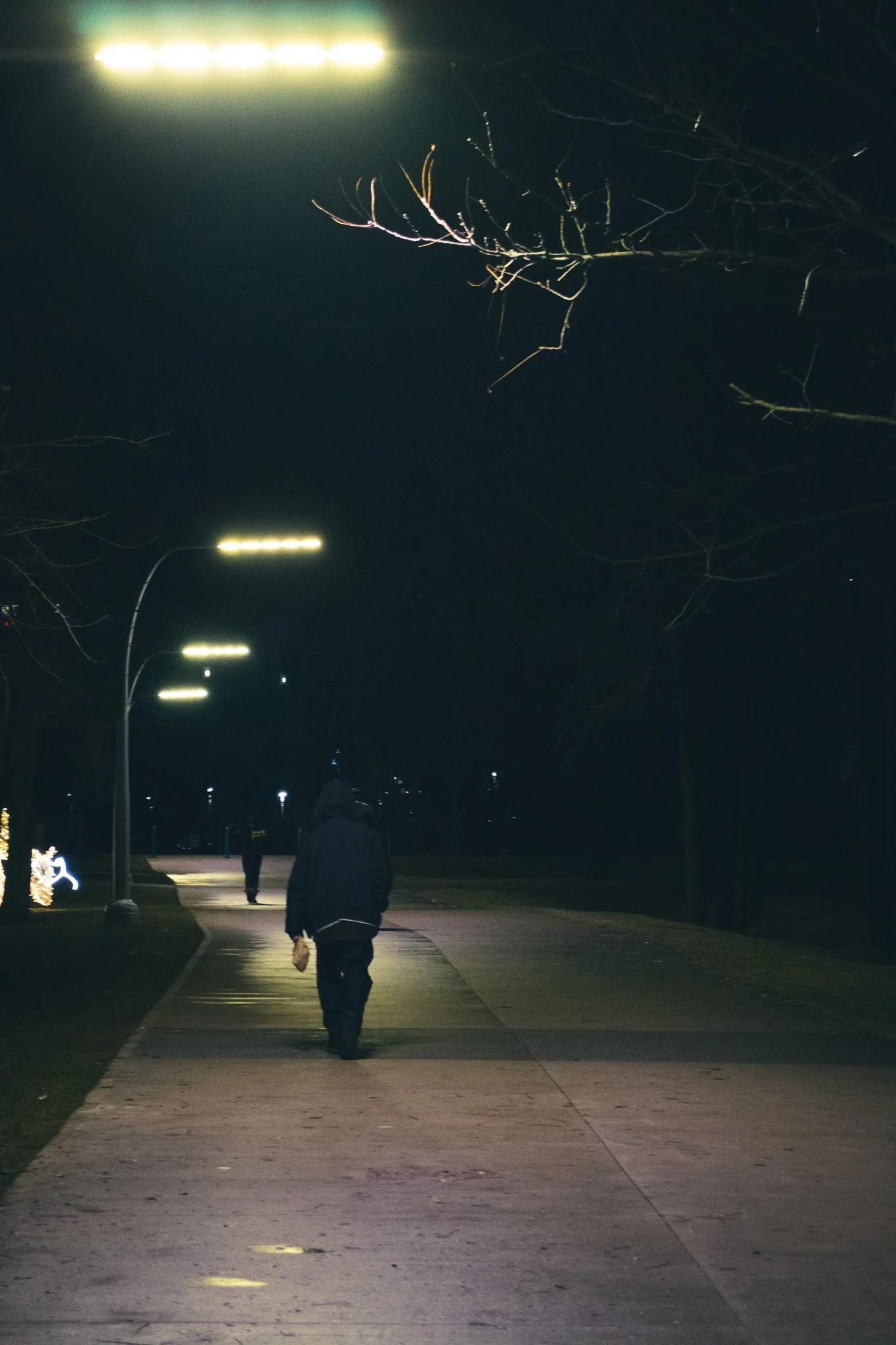 People walking on a sidewalk at night, with streetlights and leafless trees in the background.